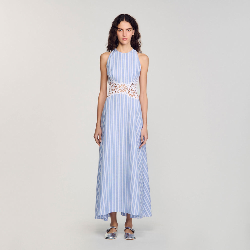 Striped maxi dress with lace Blu / White Sandro Women