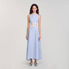 Striped maxi dress with lace Blu / White Sandro Women