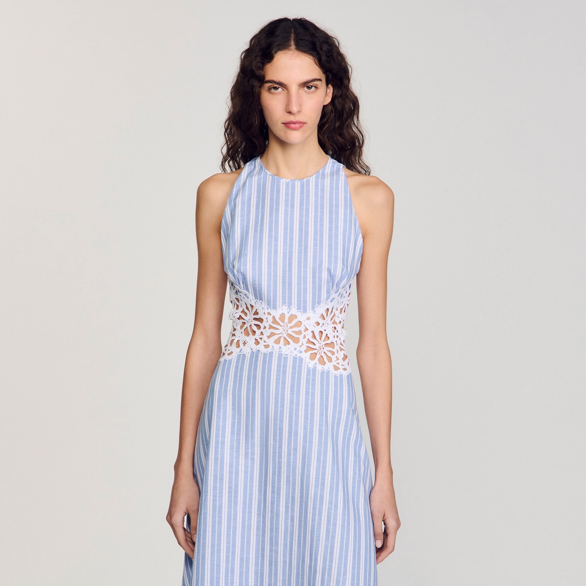 Striped maxi dress with lace Blu / White Sandro Women