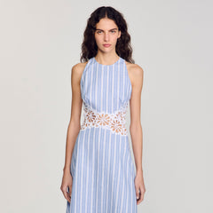 Striped maxi dress with lace Blu / White Sandro Women