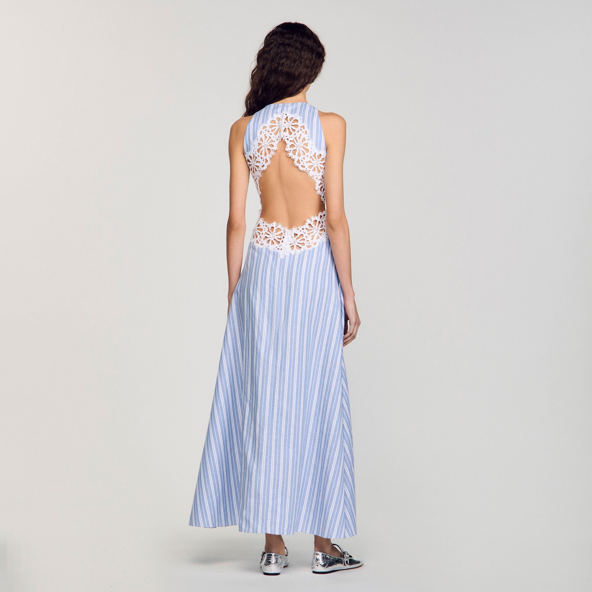 Striped maxi dress with lace Blu / White Sandro Women