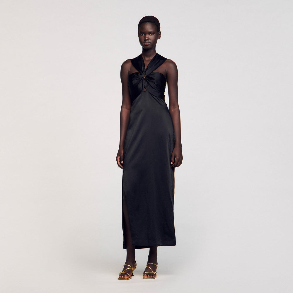 Slit satin-effect maxi dress Black Sandro Women