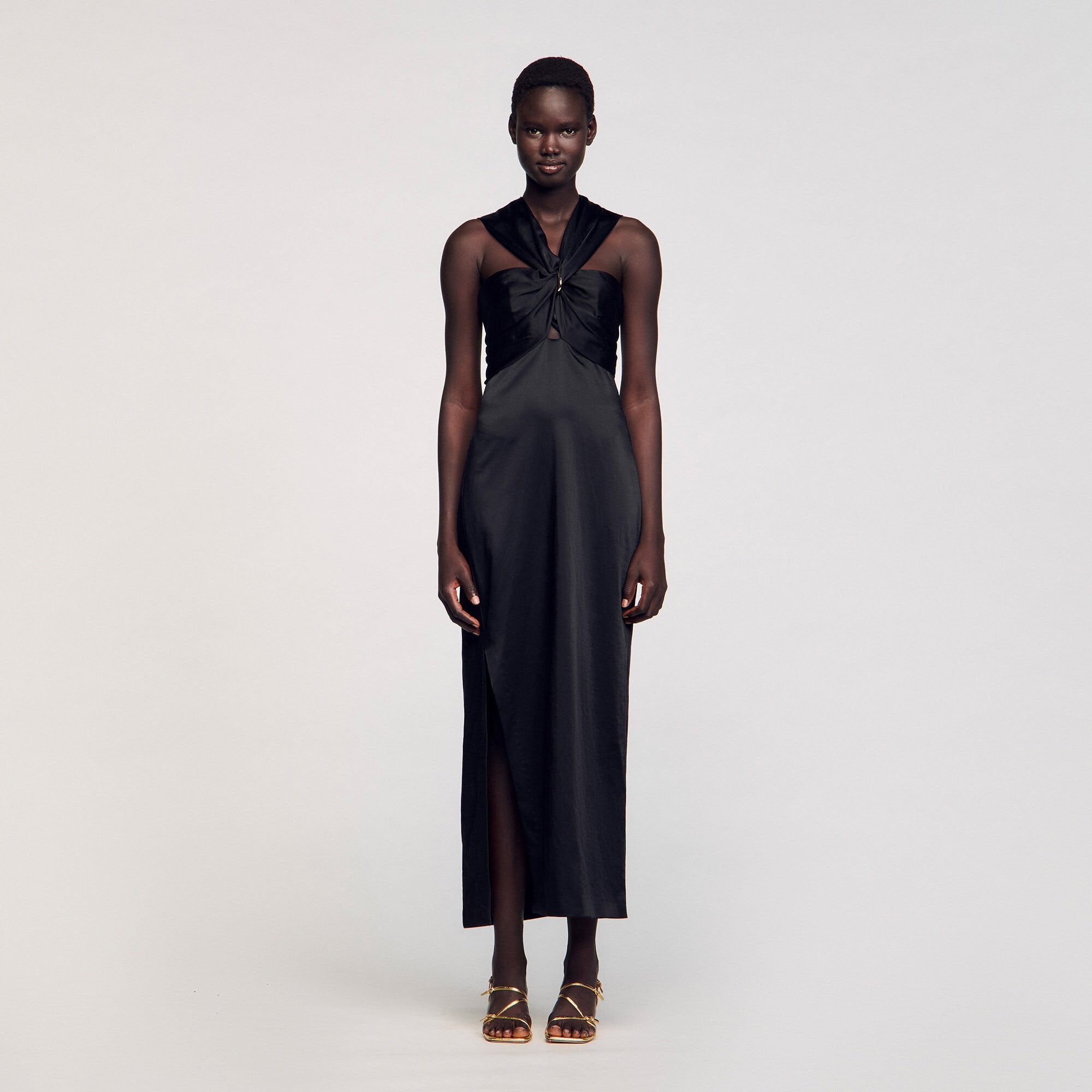 Slit satin-effect maxi dress Black Sandro Women