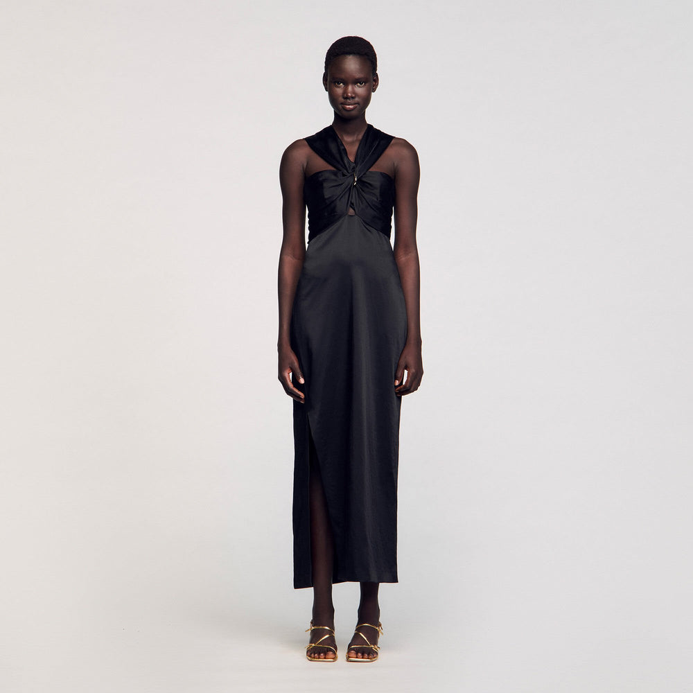 Slit satin-effect maxi dress Black Sandro Women