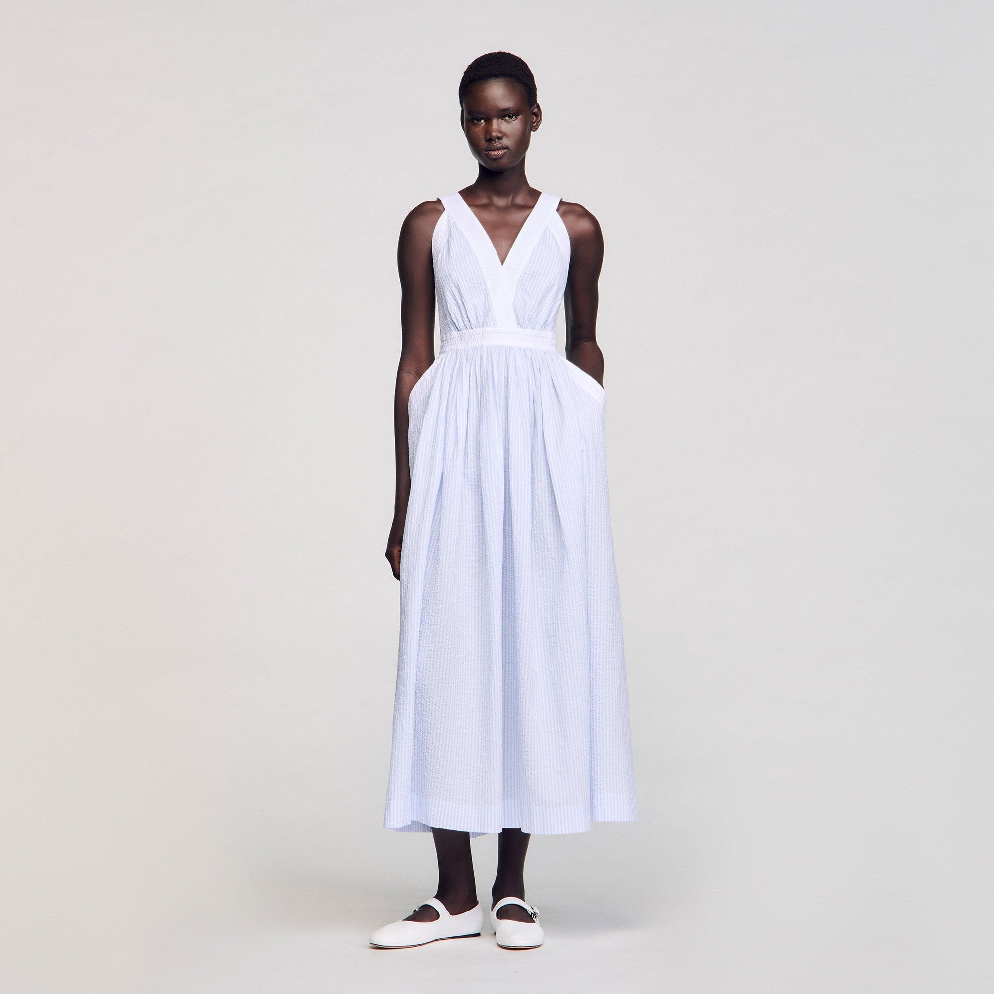 Maxi striped dress Ciel / Blanc Sandro Women
