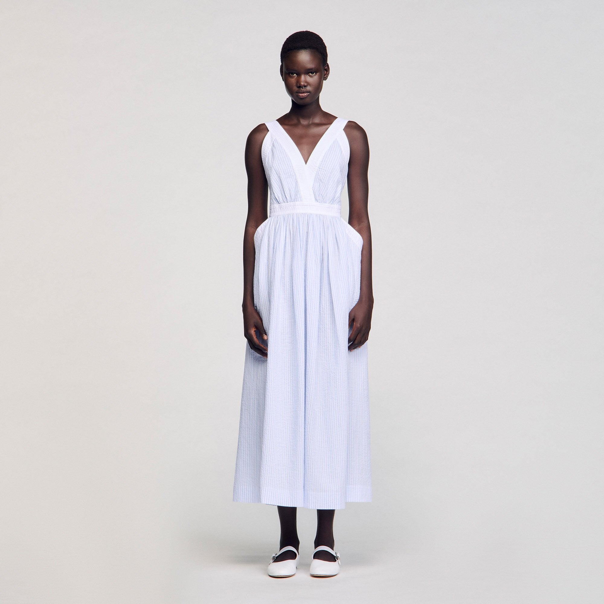 Maxi striped dress Ciel / Blanc Sandro Women