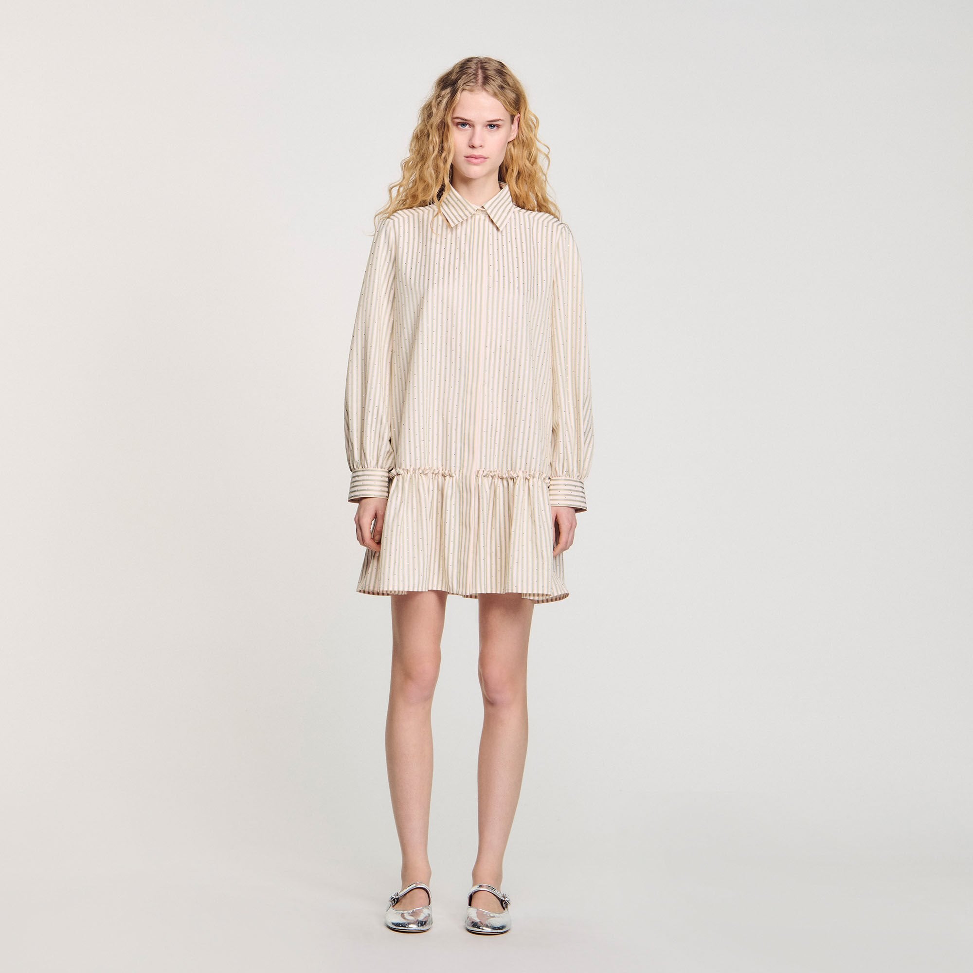 Rhinestone striped shirt dress Khaki / Pink Sandro Women