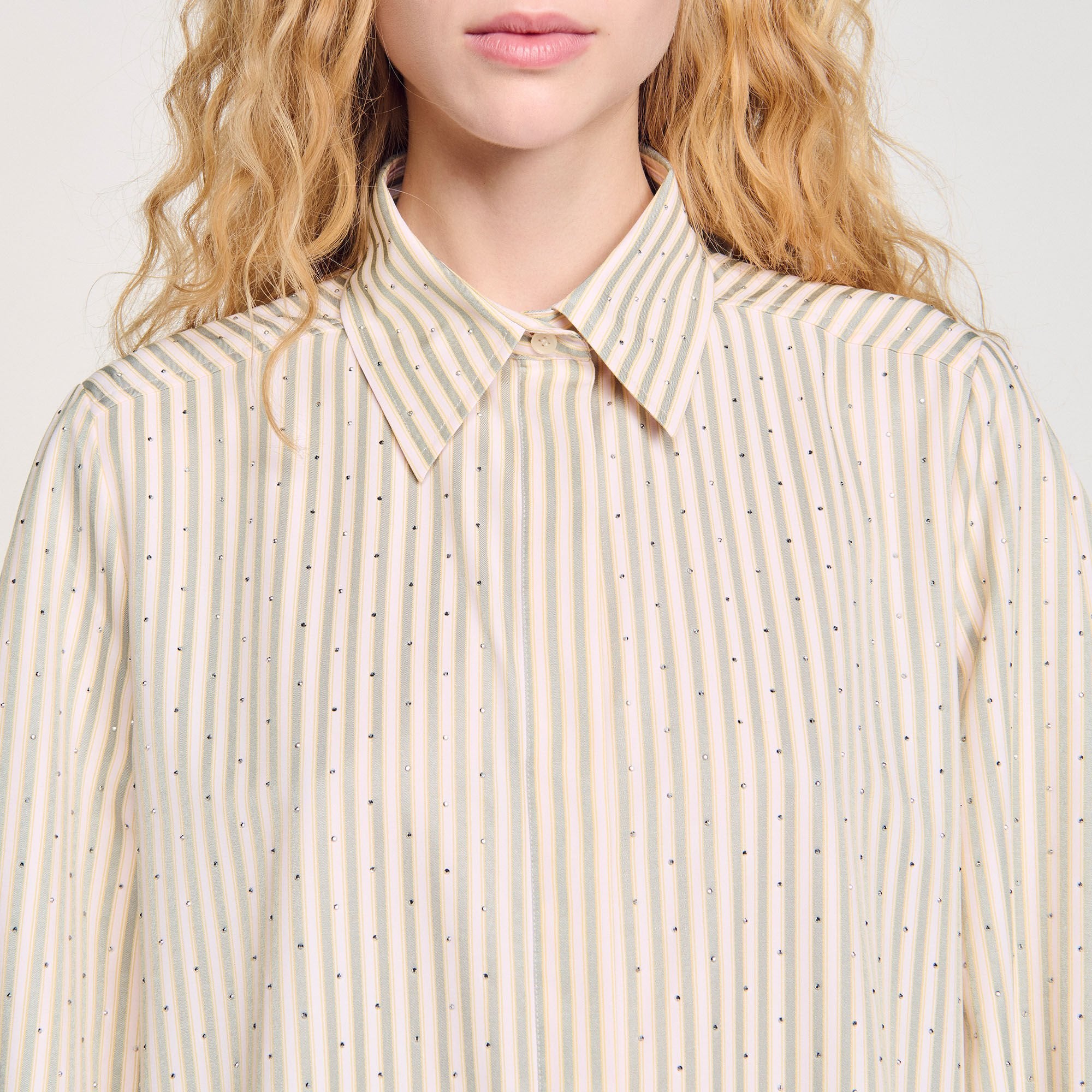 Rhinestone striped shirt dress Khaki / Pink Sandro Women