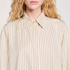 Rhinestone striped shirt dress Khaki / Pink Sandro Women