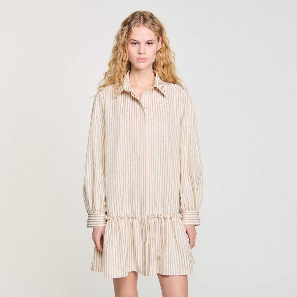 Rhinestone striped shirt dress Khaki / Pink Sandro Women