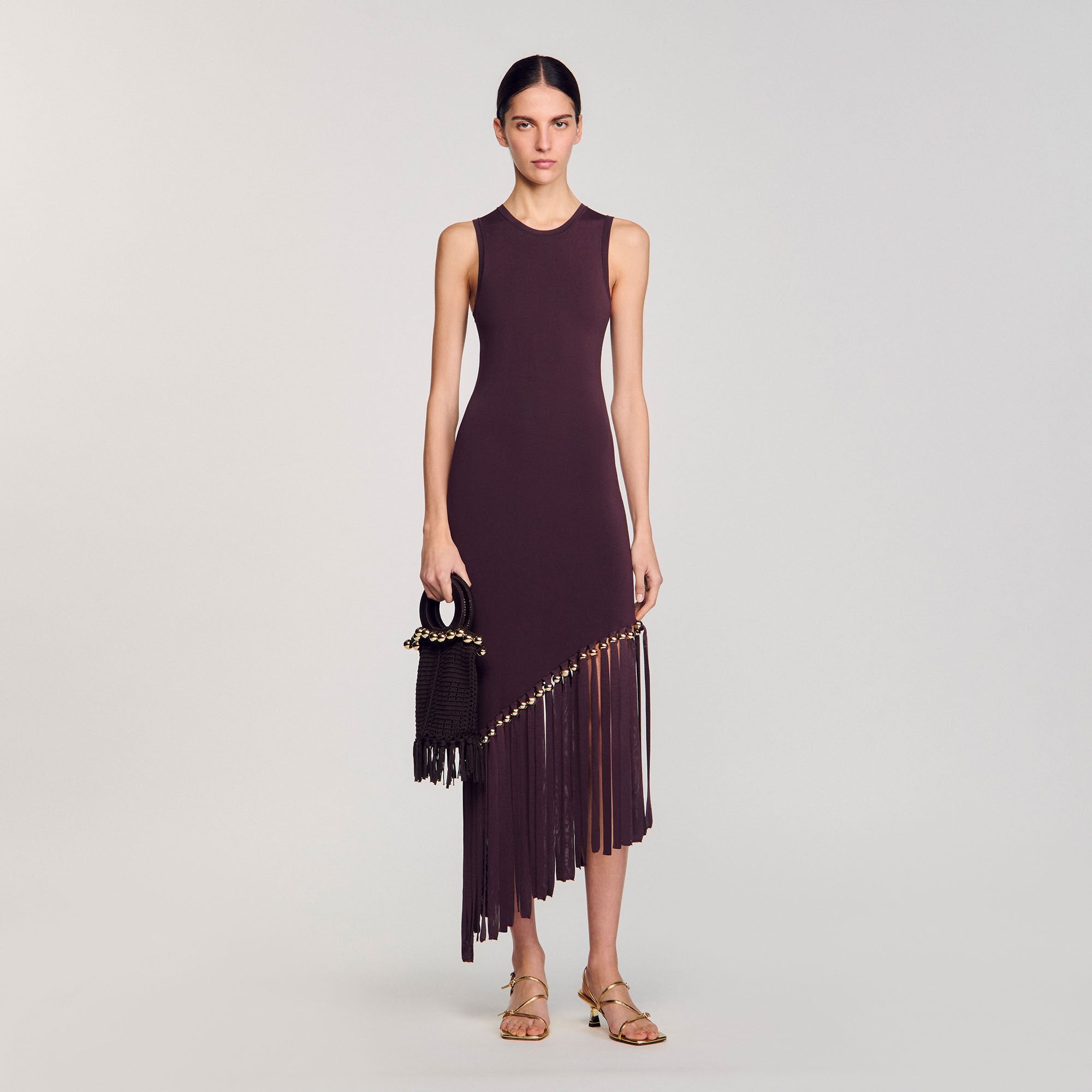 Fringed and beaded maxi dress Brown Sandro Women