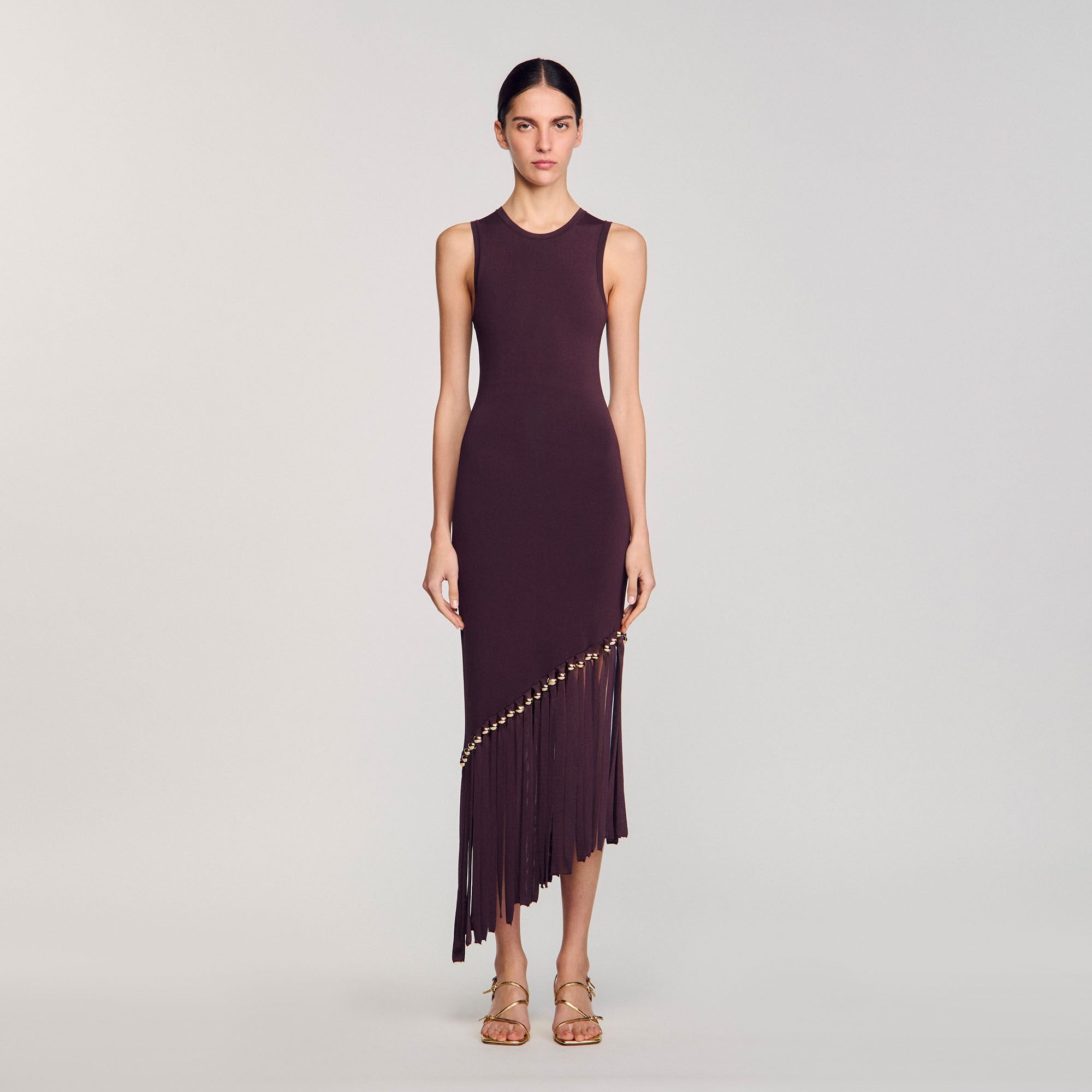 Fringed and beaded maxi dress Brown Sandro Women