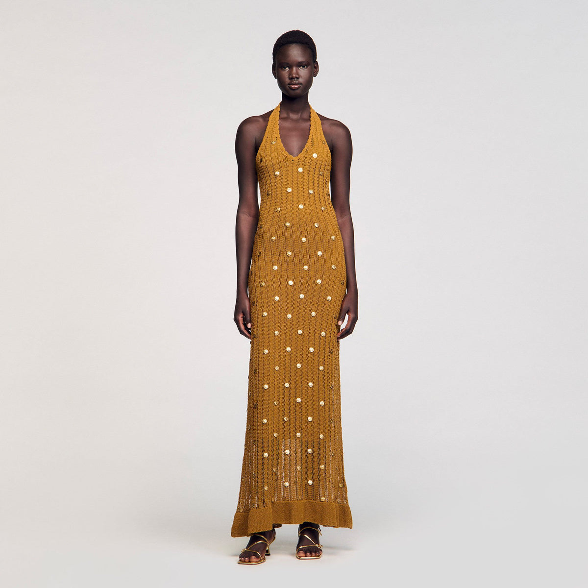 Maxi knit dress with fringes Olive Sandro Women