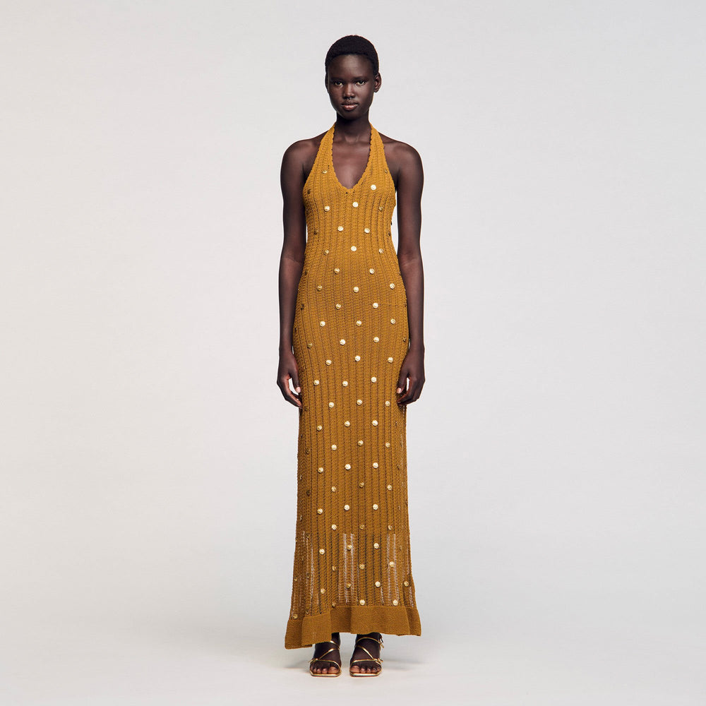 Maxi knit dress with fringes Olive Sandro Women