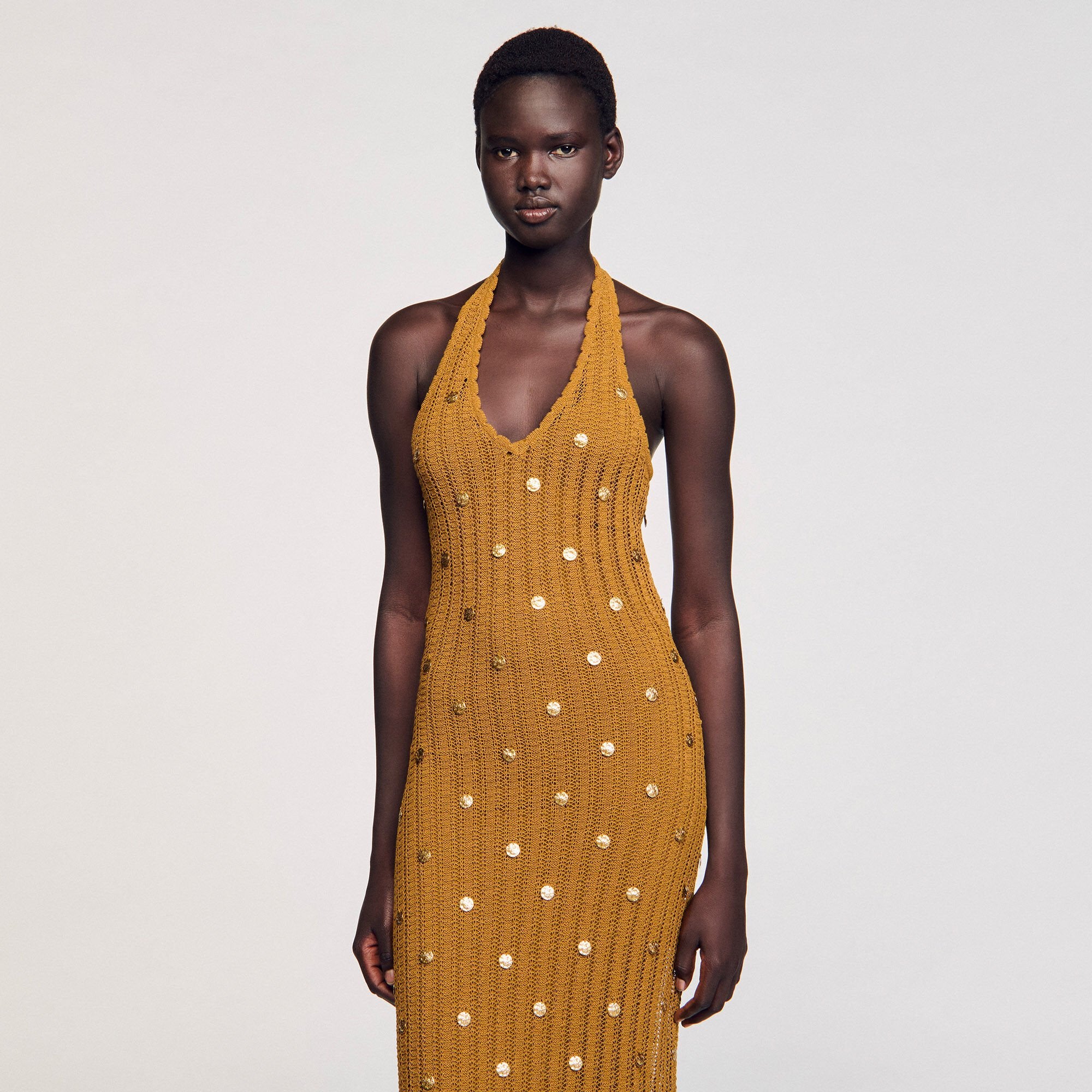 Maxi knit dress with fringes Olive Sandro Women