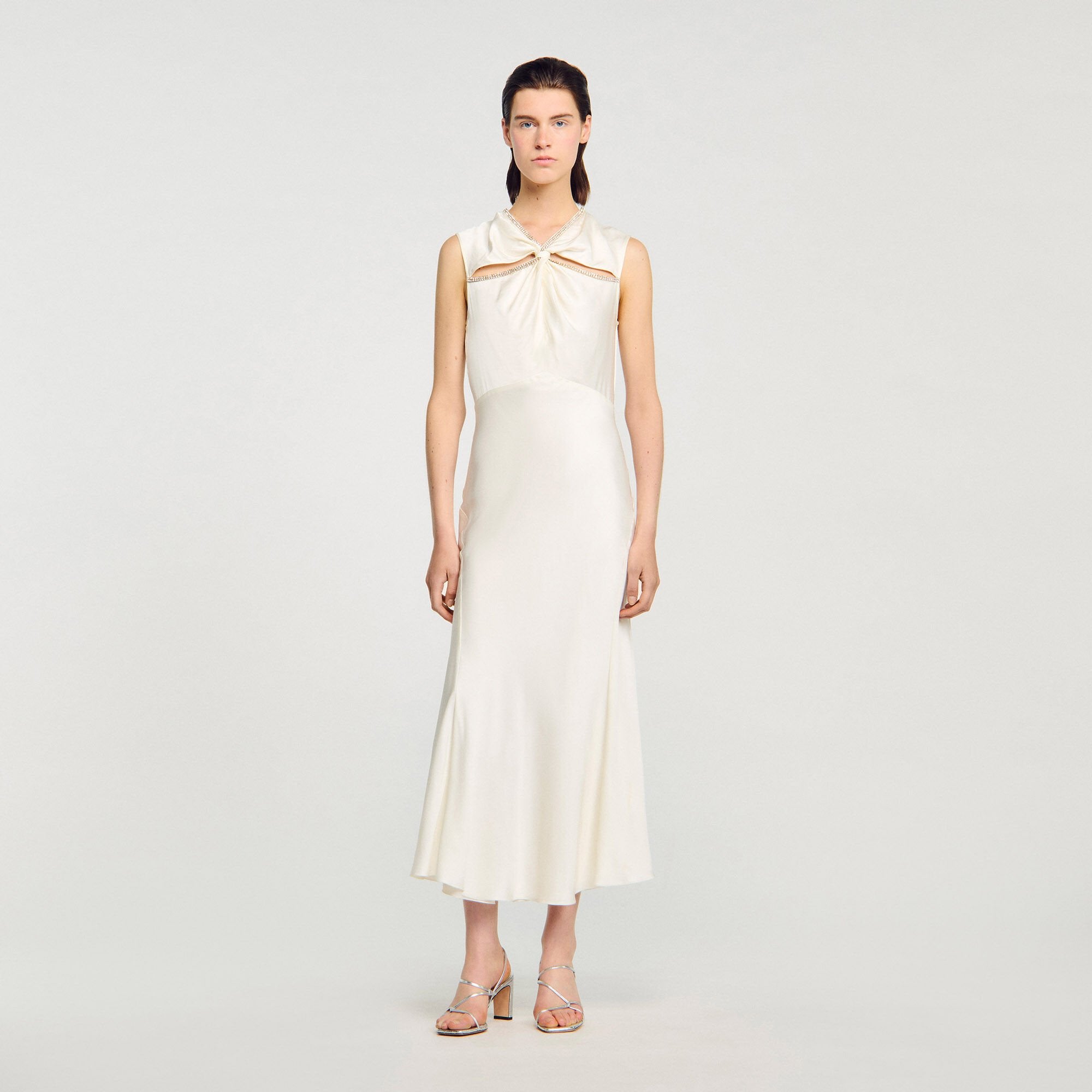 Satin maxi dress with rhinestones Ecru Sandro Women