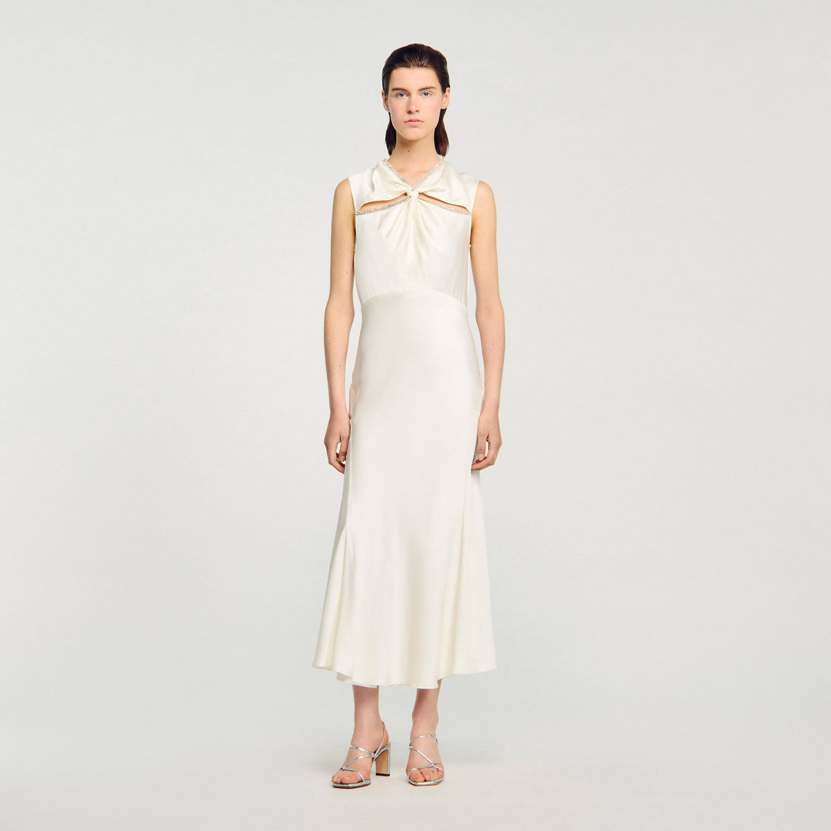 Satin maxi dress with rhinestones Ecru Sandro Women