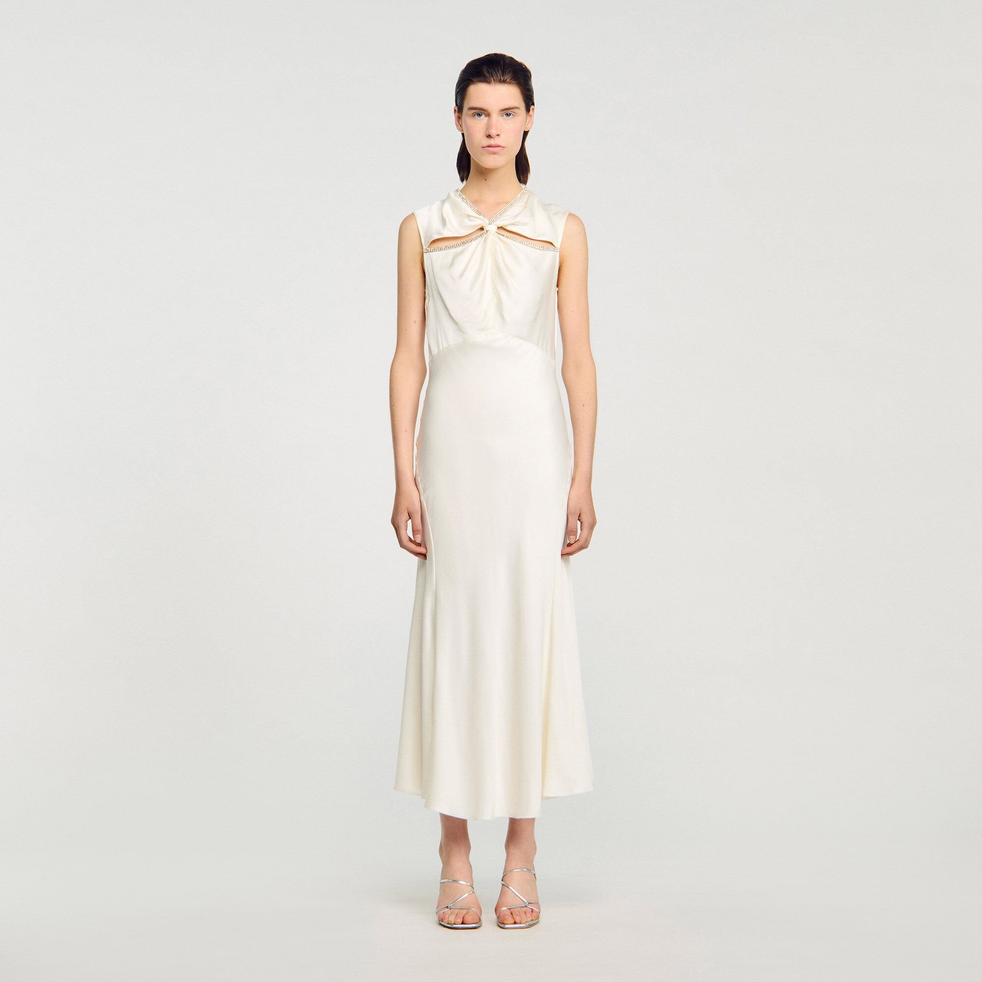 Satin maxi dress with rhinestones Ecru Sandro Women