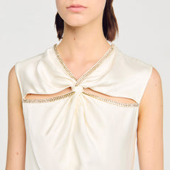 Satin maxi dress with rhinestones Ecru Sandro Women