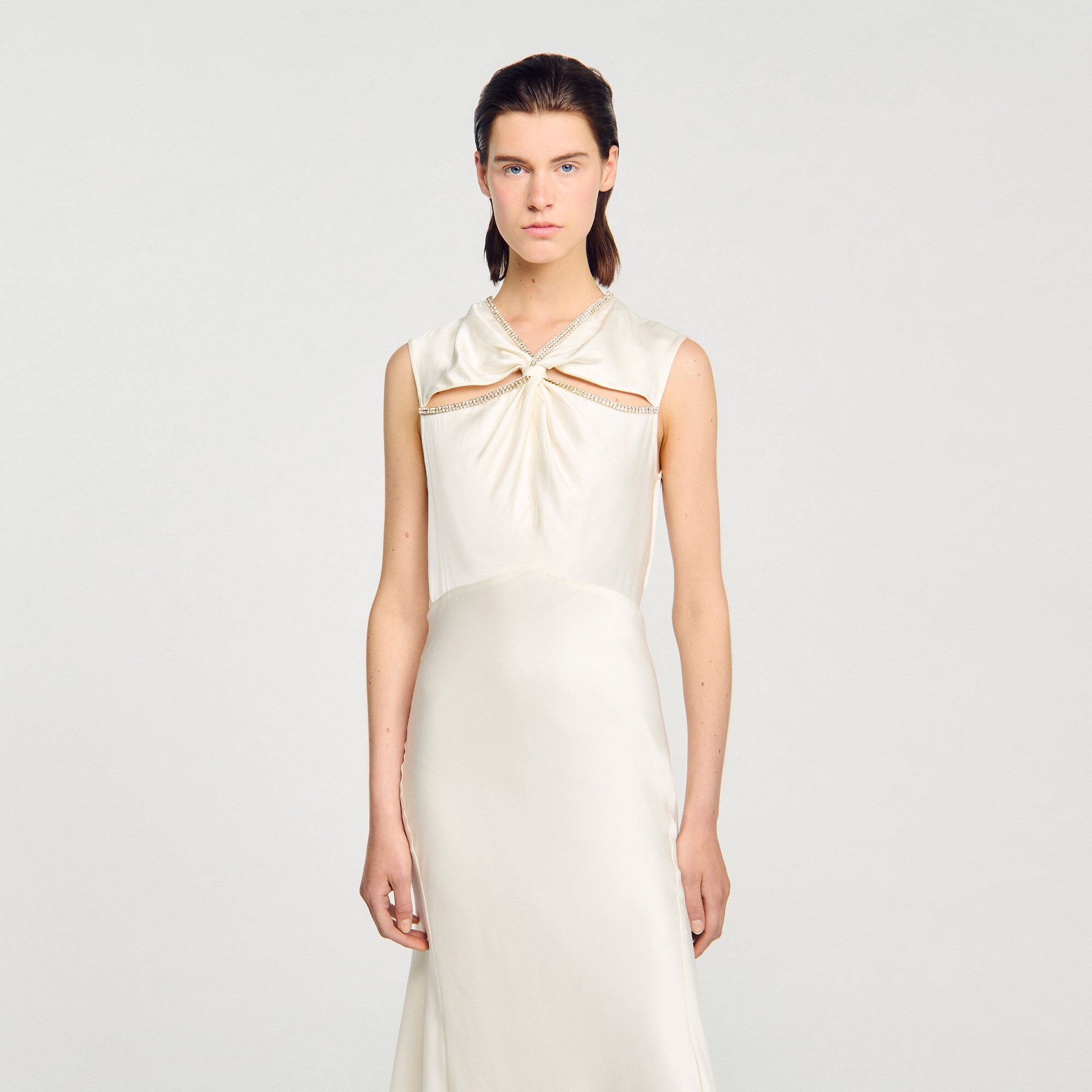 Satin maxi dress with rhinestones Ecru Sandro Women