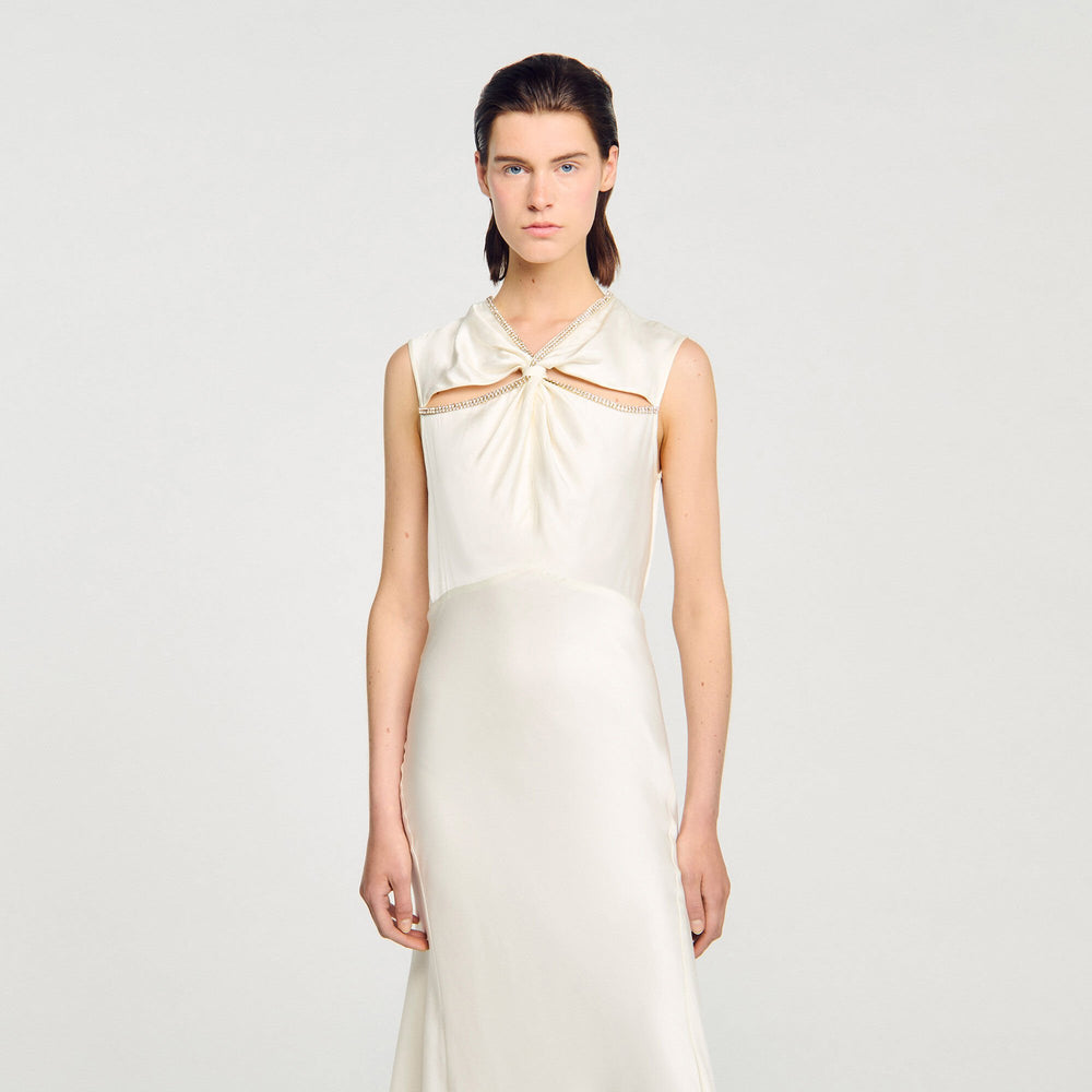Satin maxi dress with rhinestones Ecru Sandro Women