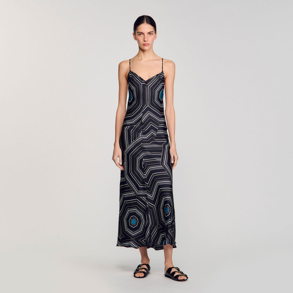 Patterned silk maxi dress Black Sandro Women