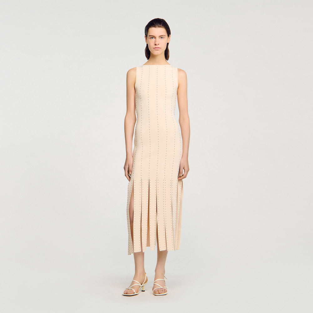 Fringed knit maxi dress Ecru Sandro Women