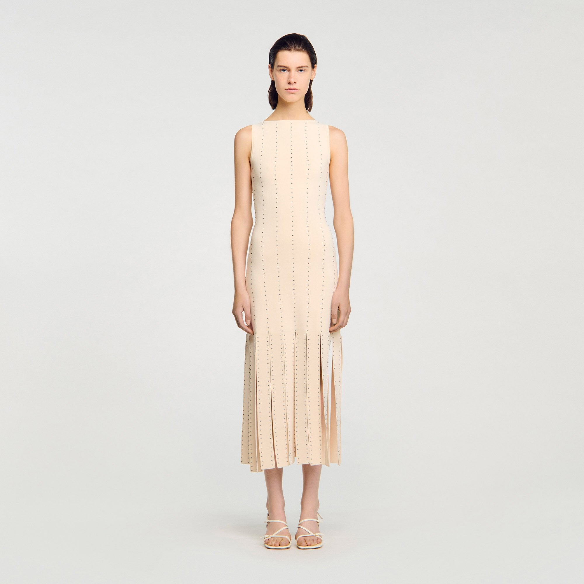 Fringed knit maxi dress Ecru Sandro Women