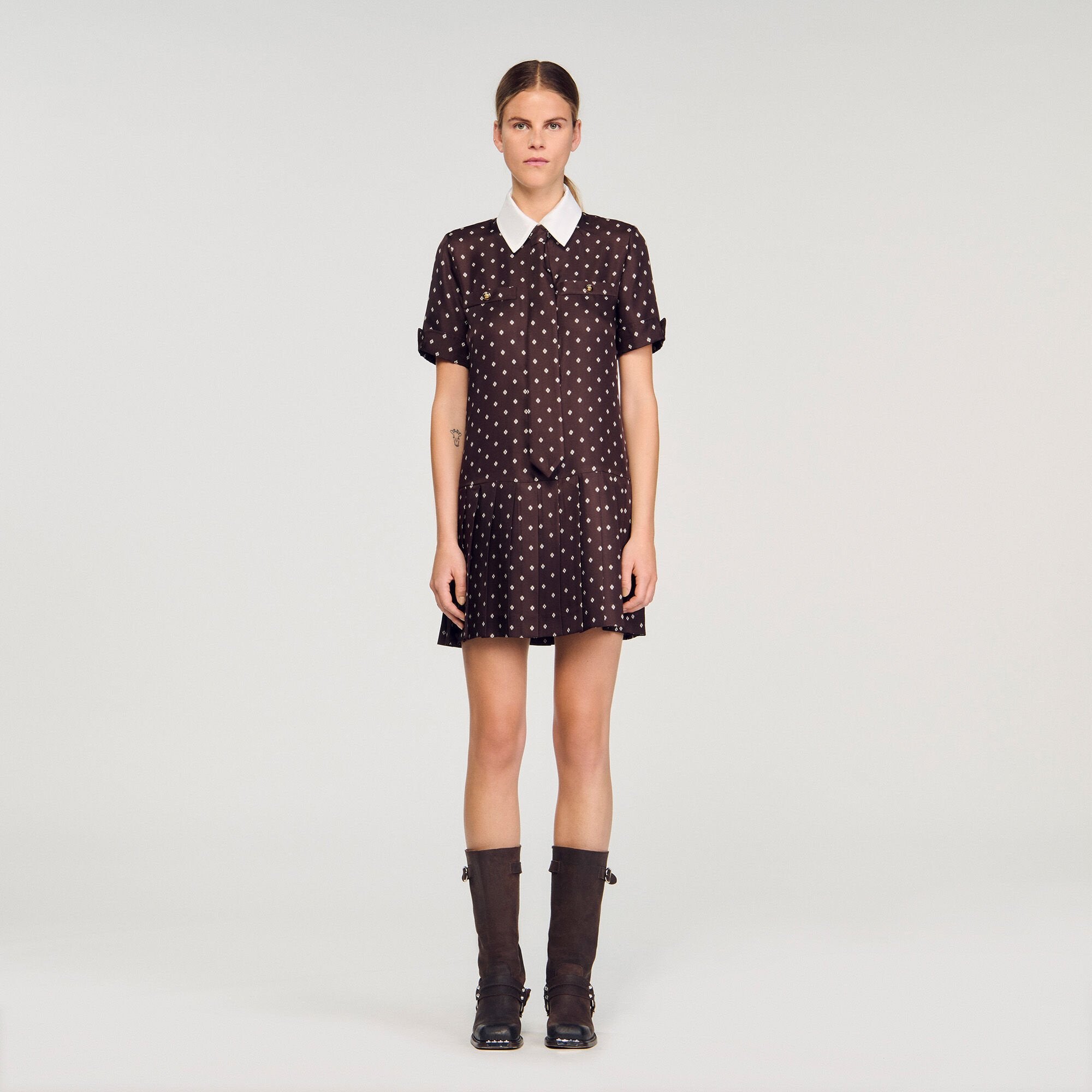 Printed satin-effect mini dress Brown / White Sandro Women