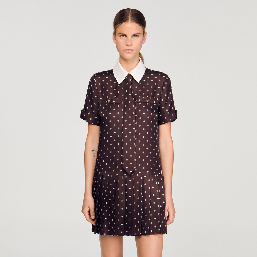 Printed satin-effect mini dress Brown / White Sandro Women