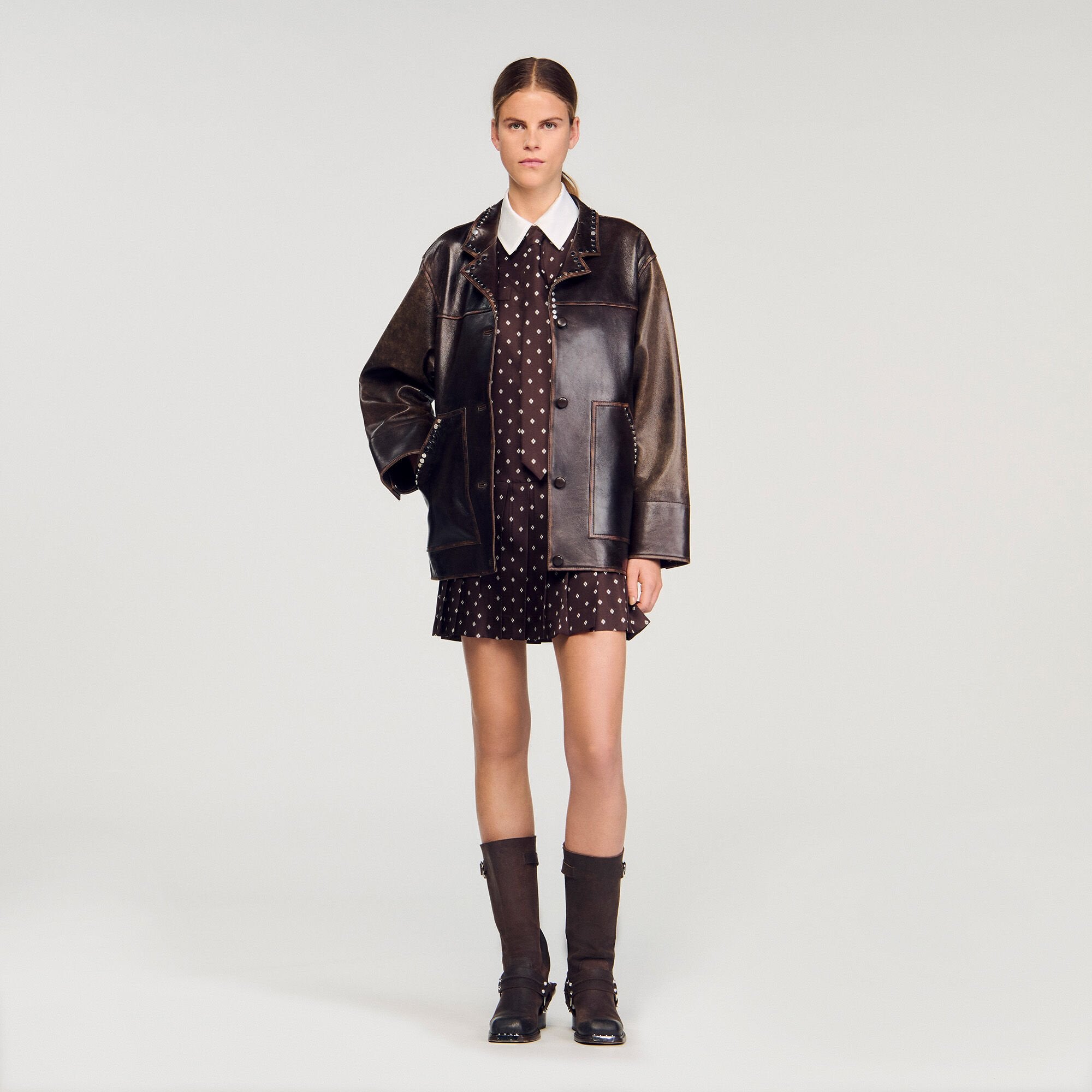 Printed satin-effect mini dress Brown / White Sandro Women