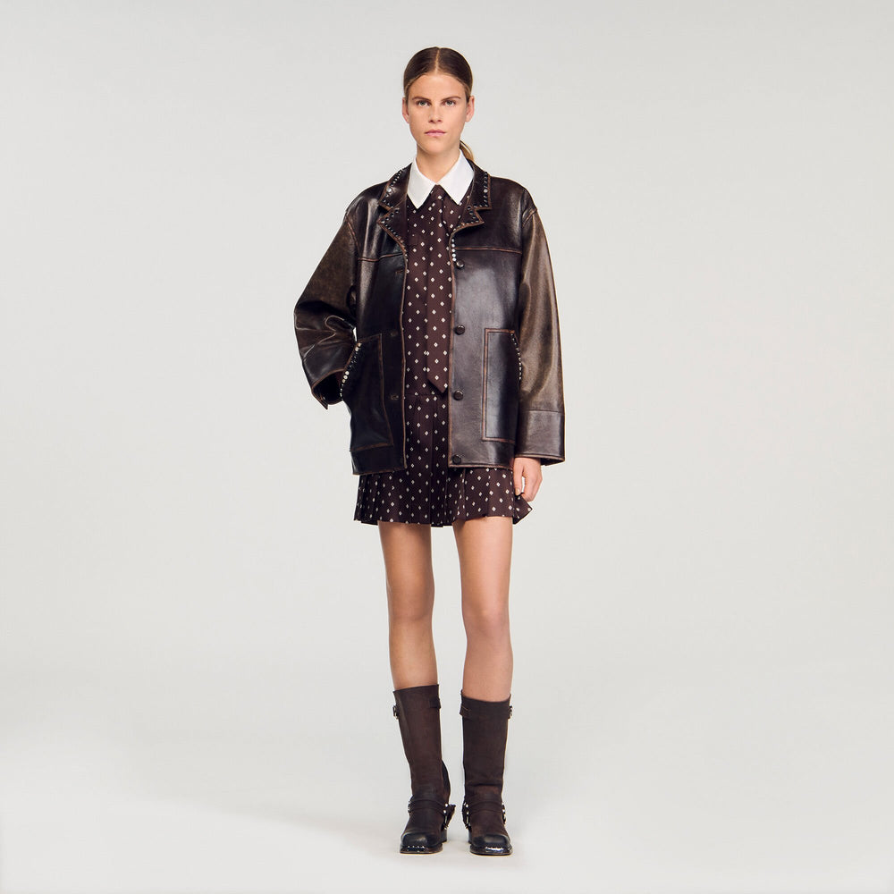 Printed satin-effect mini dress Brown / White Sandro Women