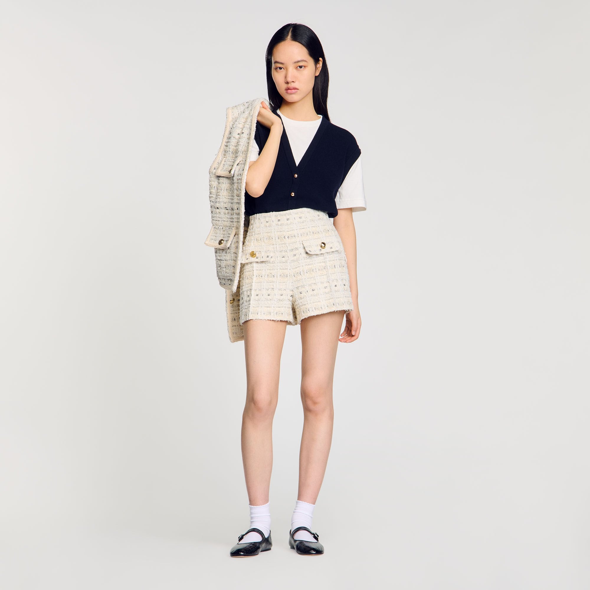 Decorative tweed shorts Ecru / Lurex Sandro Women