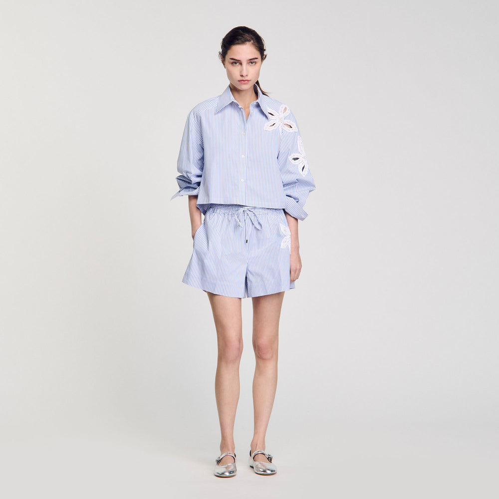 Striped shorts with flower detail Sky Blue Sandro Women