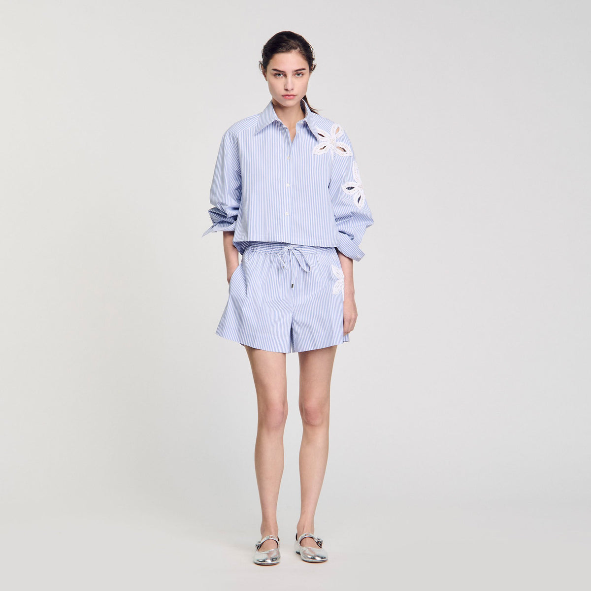 Striped shorts with flower detail Sky Blue Sandro Women
