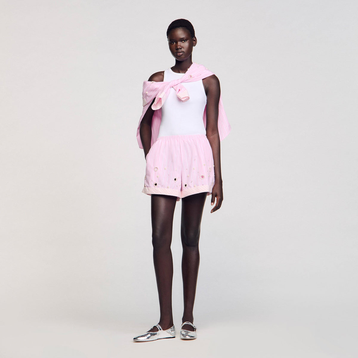 Rhinestone striped shorts Pink Sandro Women