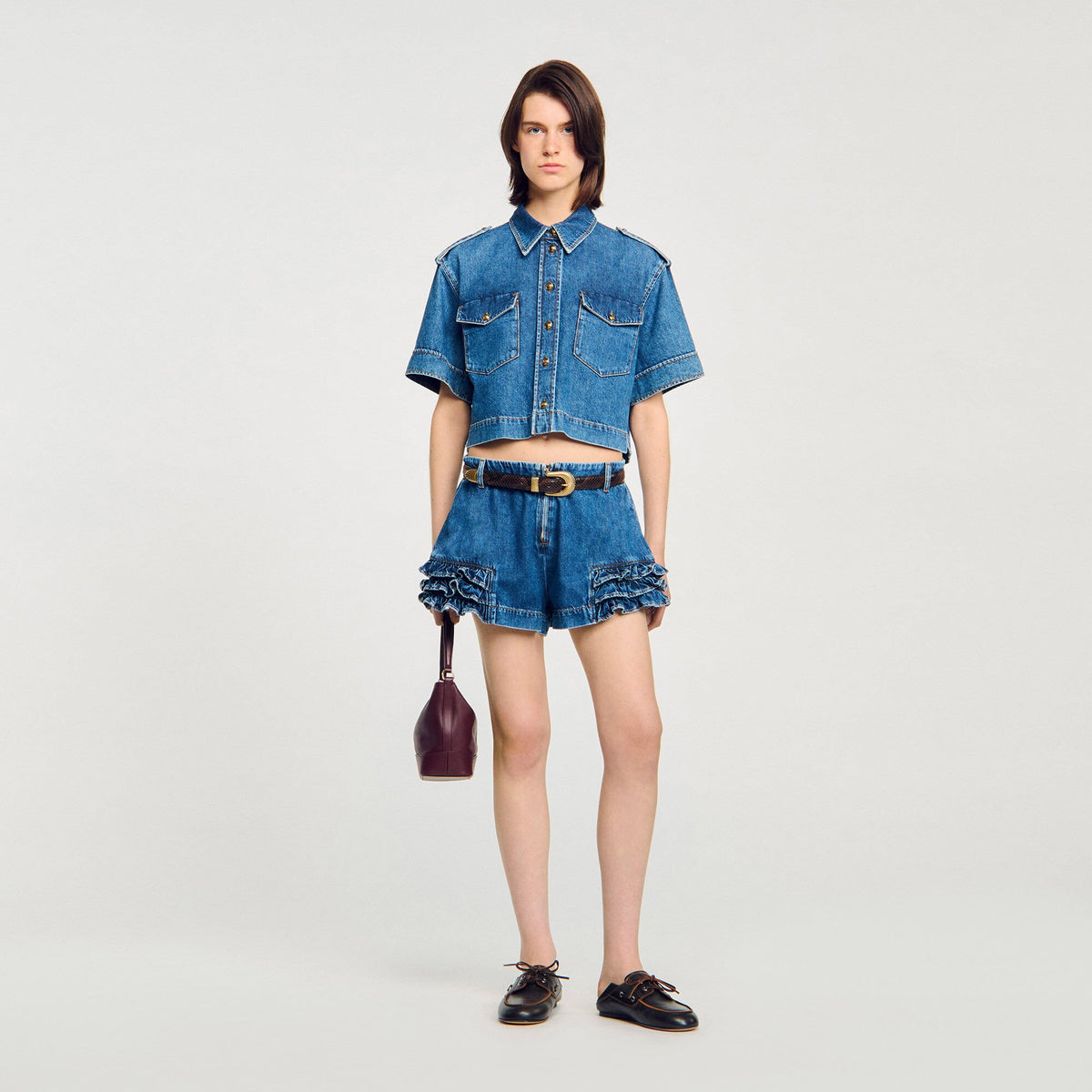 Ruffled denim shorts Blue Jean Sandro Women