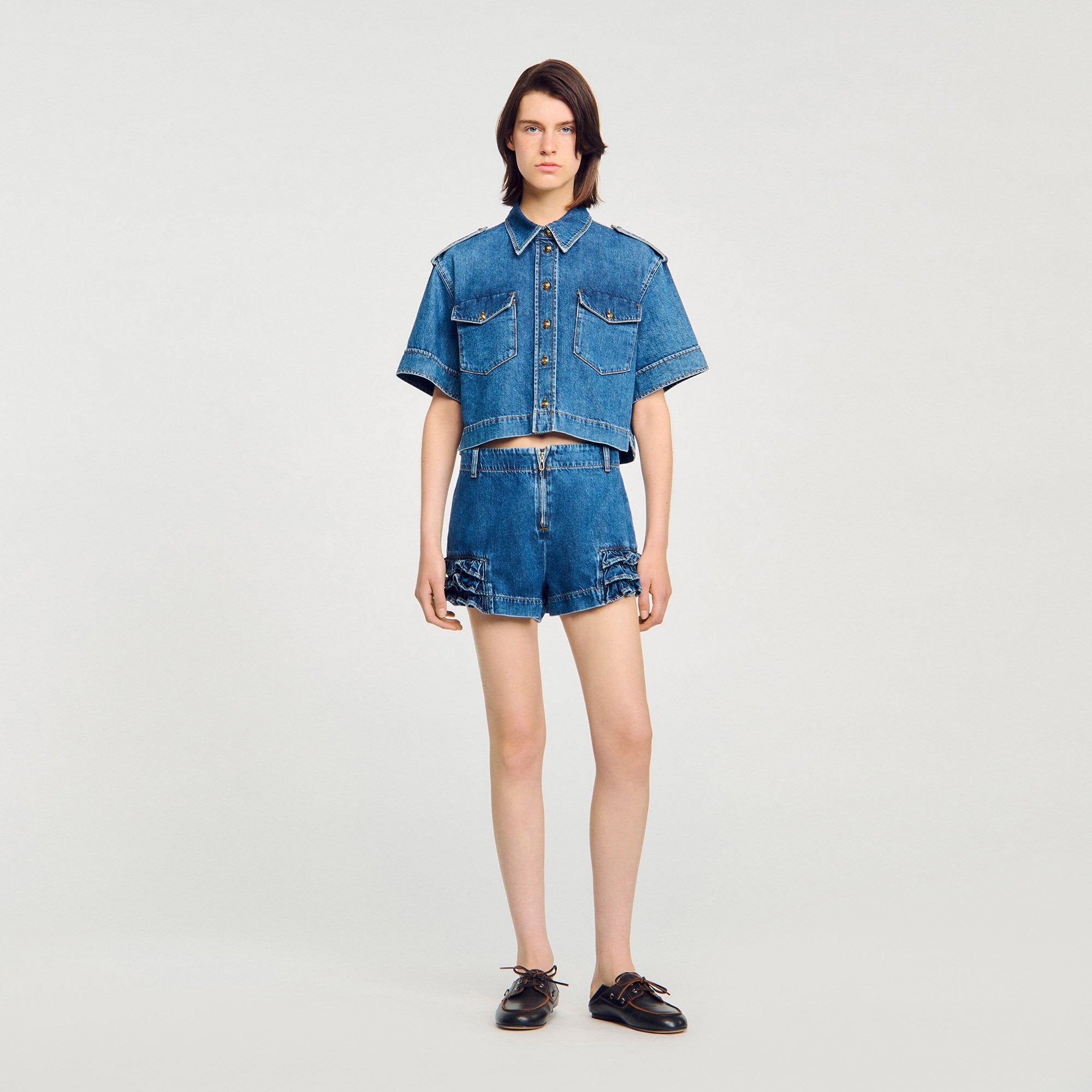 Ruffled denim shorts Blue Jean Sandro Women