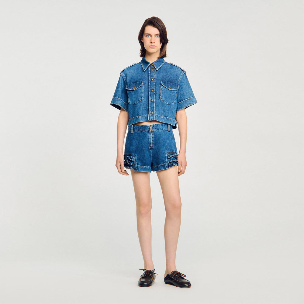 Ruffled denim shorts Blue Jean Sandro Women