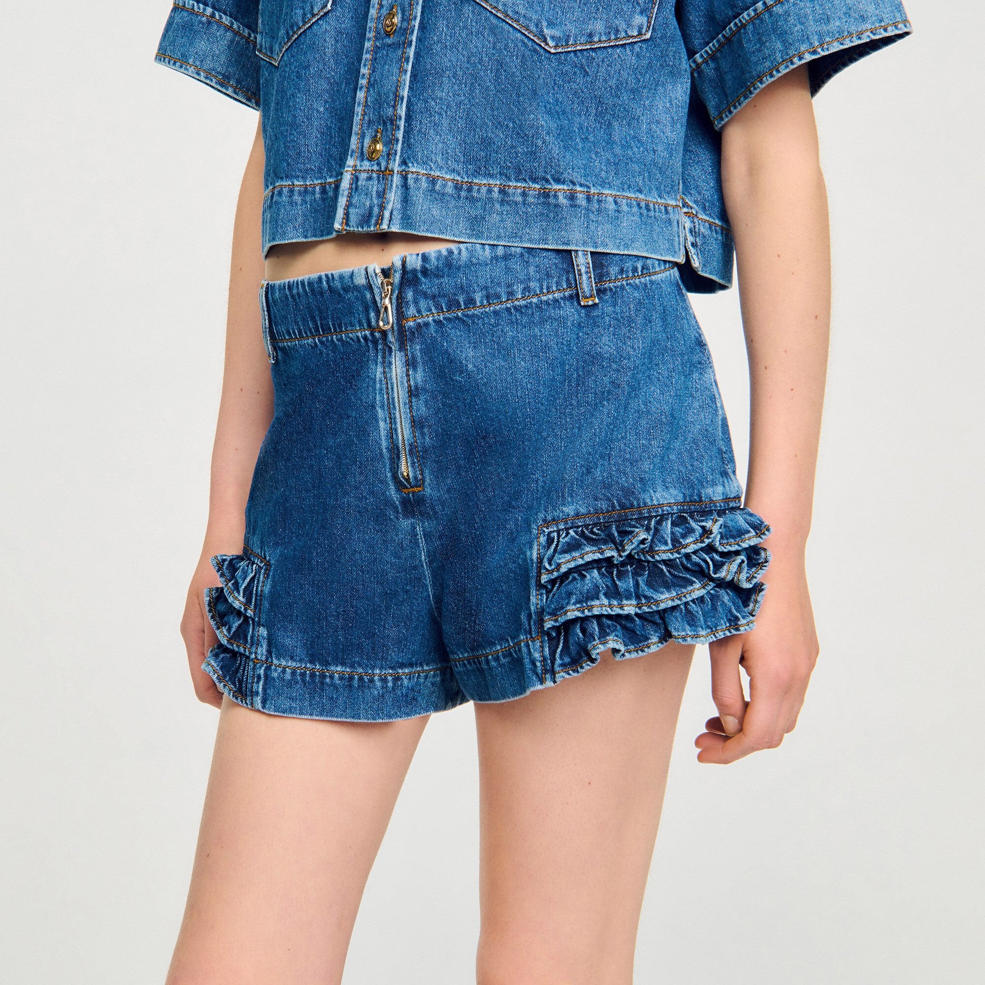 Ruffled denim shorts Blue Jean Sandro Women