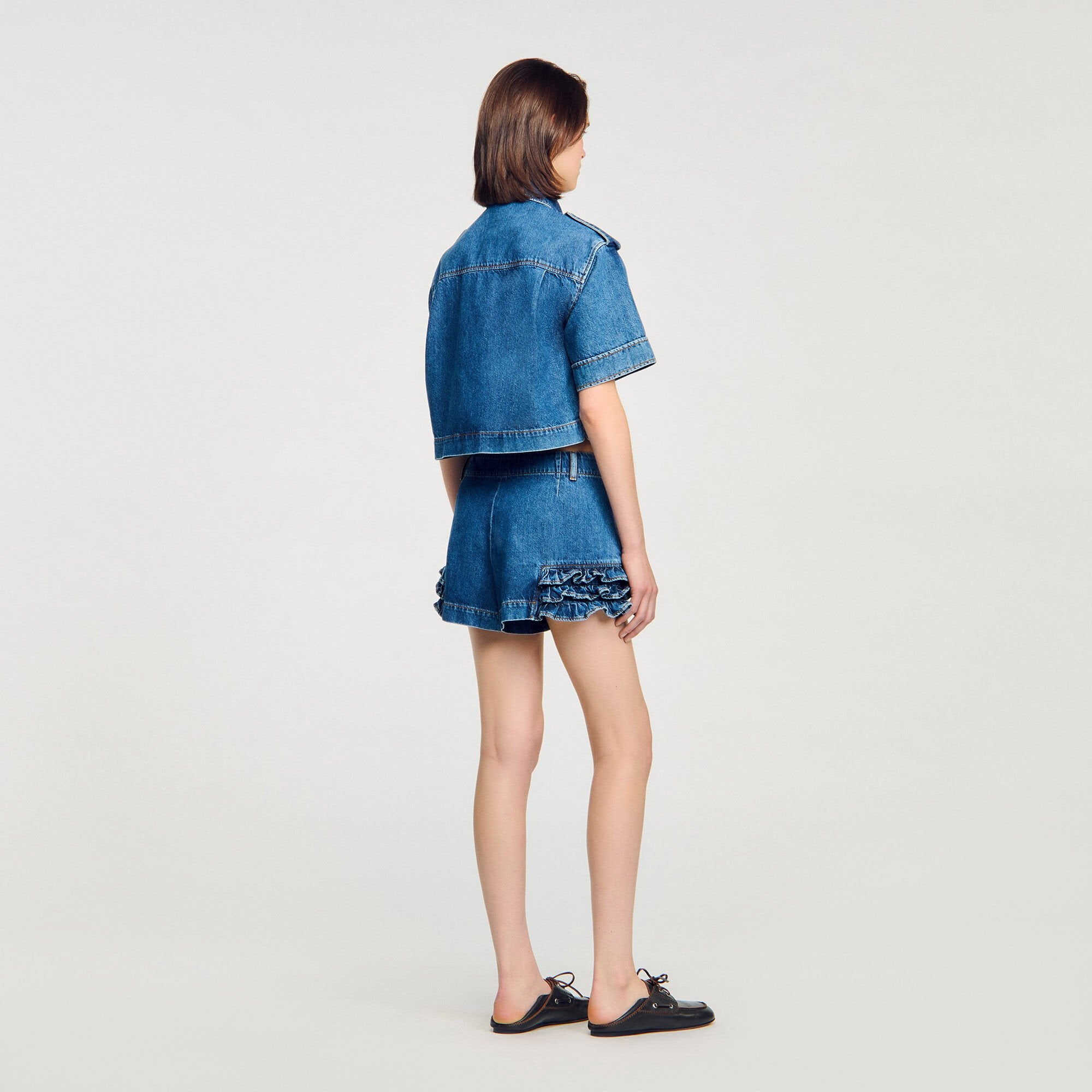 Ruffled denim shorts Blue Jean Sandro Women