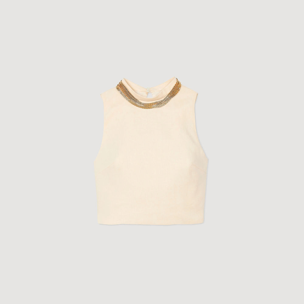 Knit crop top with necklace Ecru Sandro Women