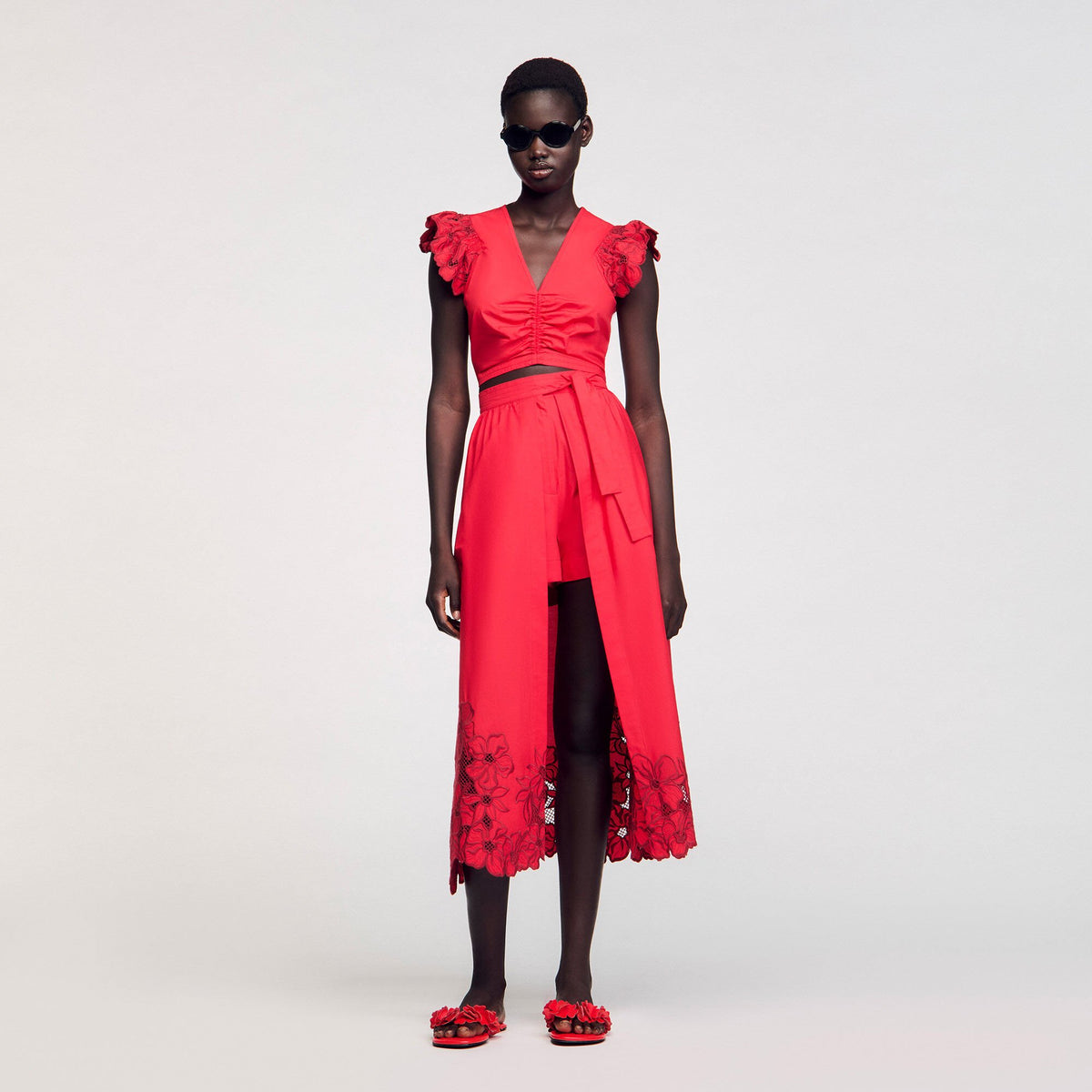 Crop top with embroidered sleeves Red Sandro Women