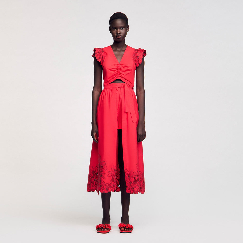 Crop top with embroidered sleeves Red Sandro Women