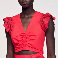 Crop top with embroidered sleeves Red Sandro Women
