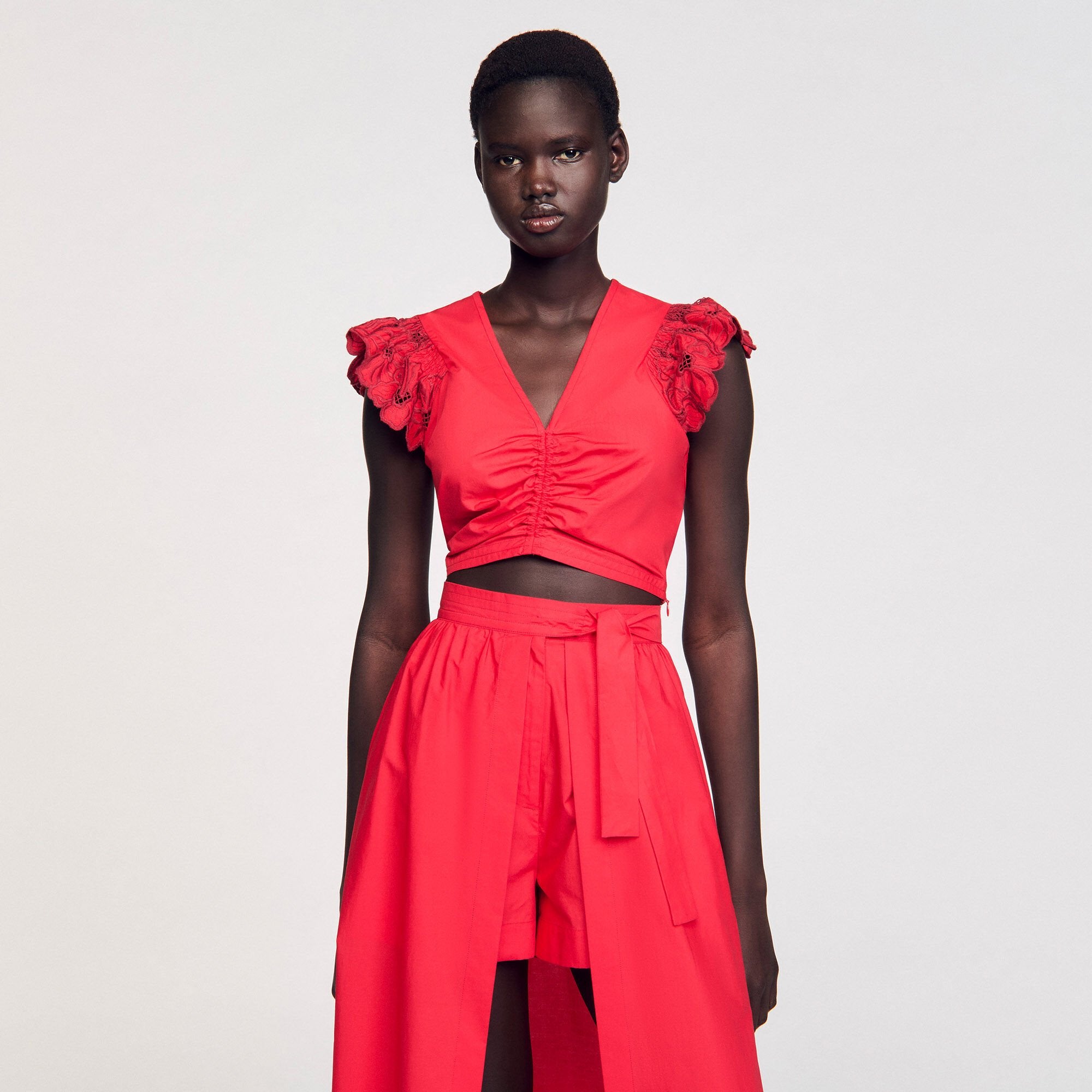 Crop top with embroidered sleeves Red Sandro Women