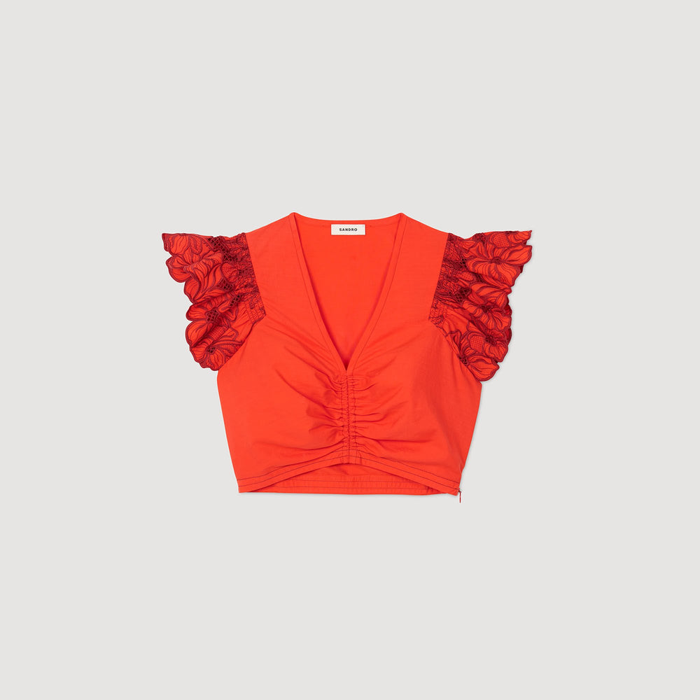 Crop top with embroidered sleeves Red Sandro Women