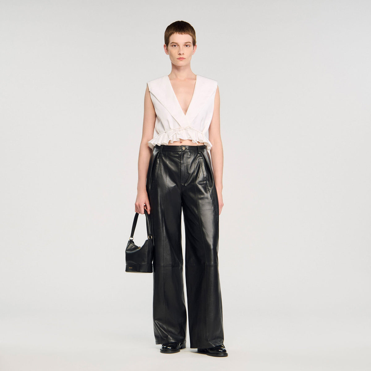 Ruffled V-neck crop top Ecru Sandro Women