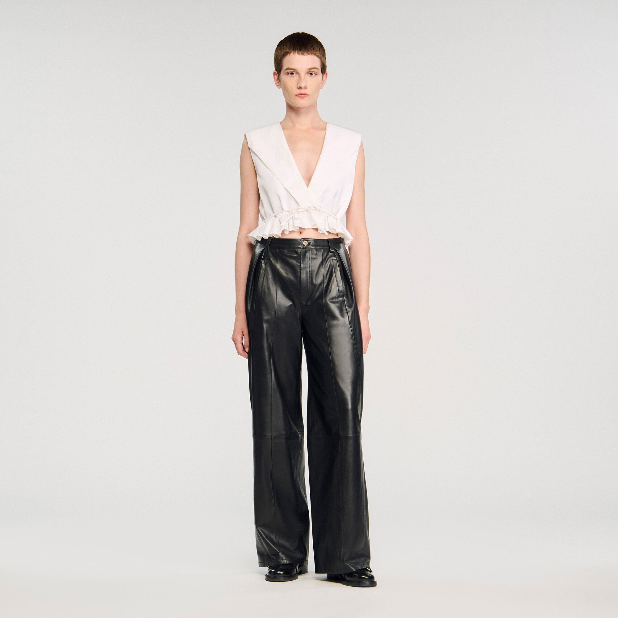 Ruffled V-neck crop top Ecru Sandro Women