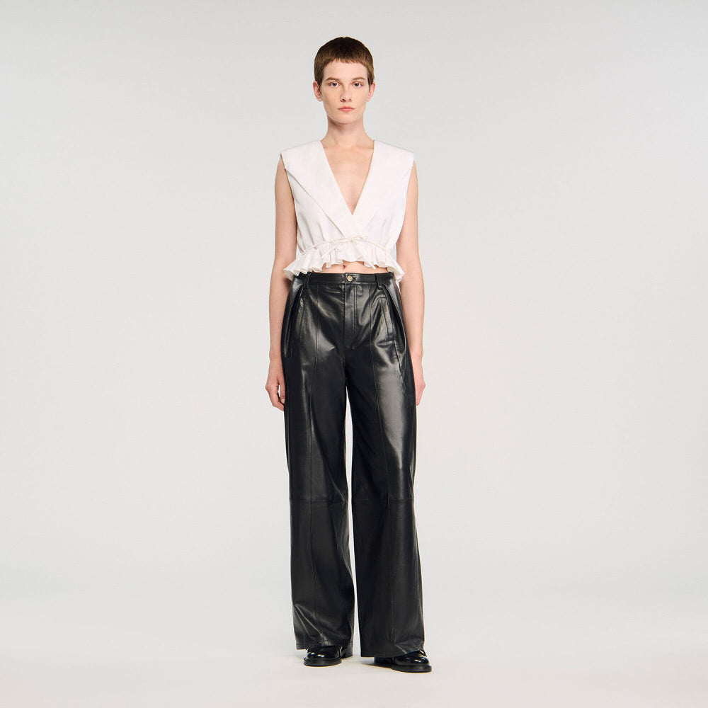 Ruffled V-neck crop top Ecru Sandro Women